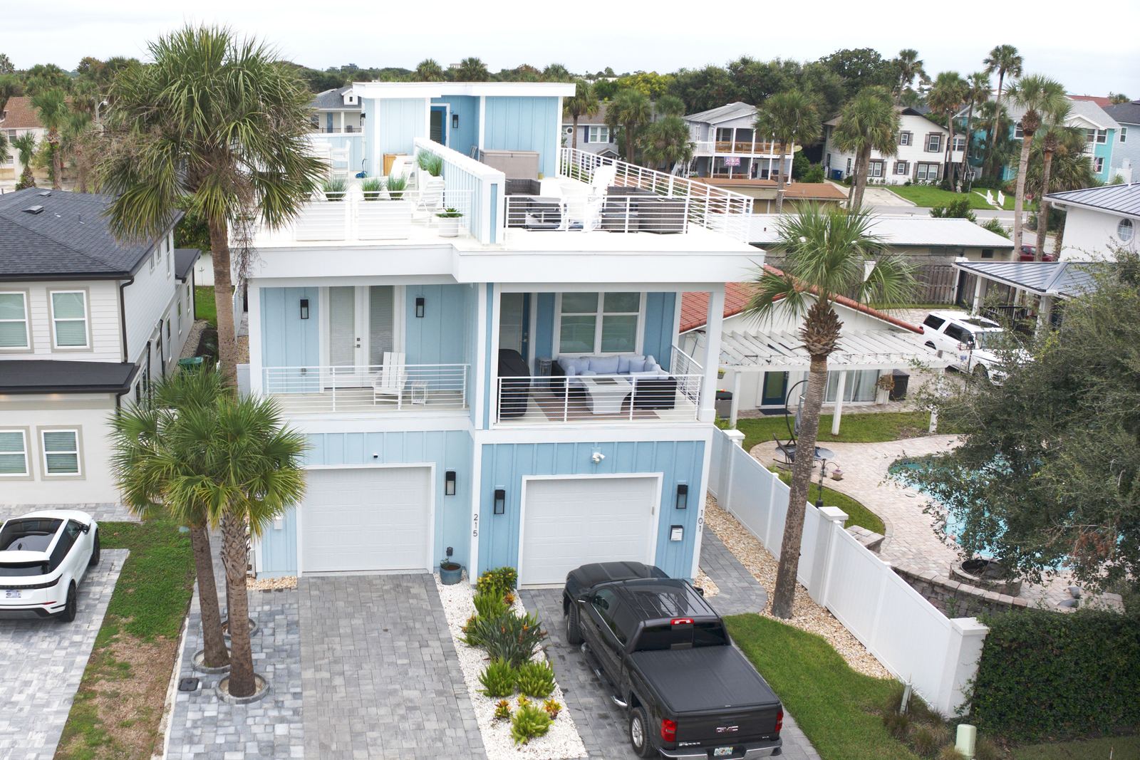 Aerial of the front elevation and driveway